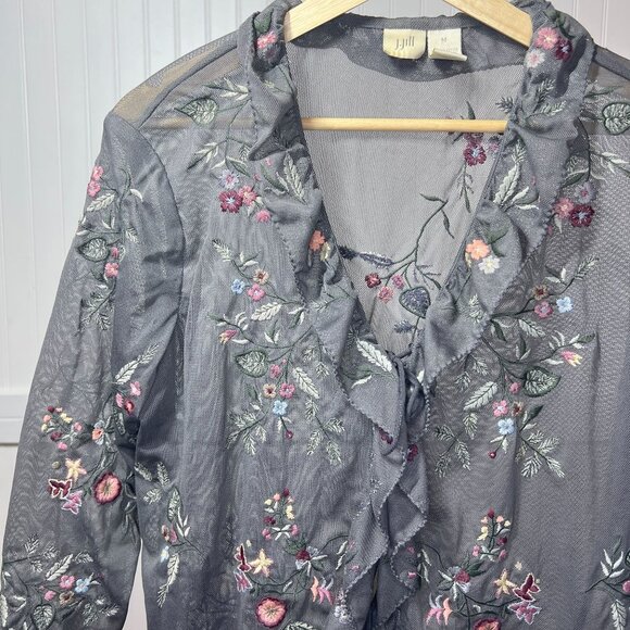 J Jill Sheer Blouse Ruffle Tie Front Cardigan Embroidered Flower Dainty Feminine - Picture 1 of 10